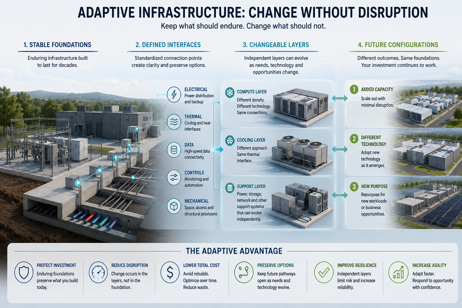 Adaptive infrastructure diagram showing stable foundations, defined electrical, thermal, data, controls and mechanical interfaces, changeable compute and cooling layers, and multiple future configurations that preserve investment while reducing disruption.