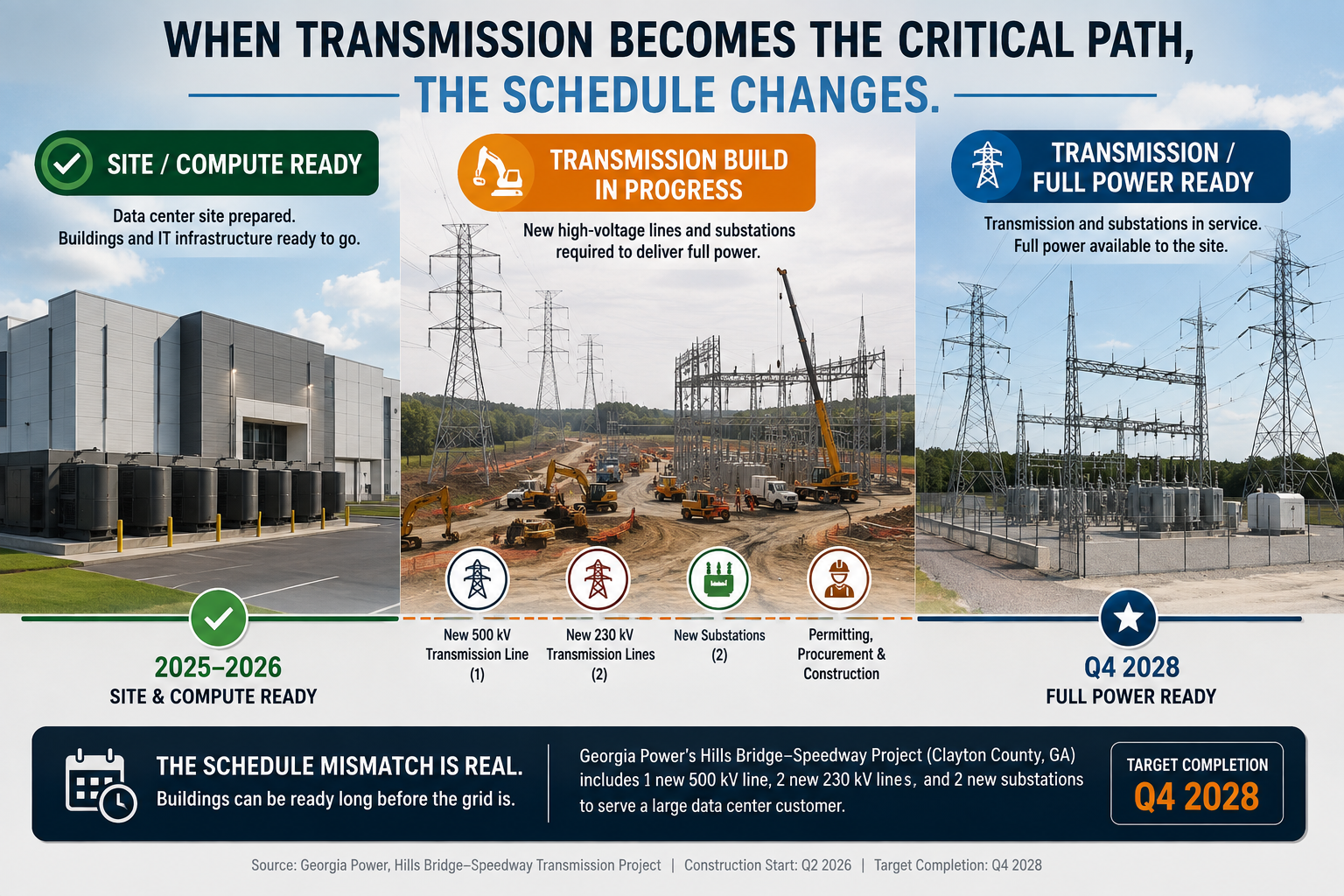 Data center transmission critical path showing site and compute readiness ahead of new 500 kV and 230 kV transmission lines, substations, and full power availability.