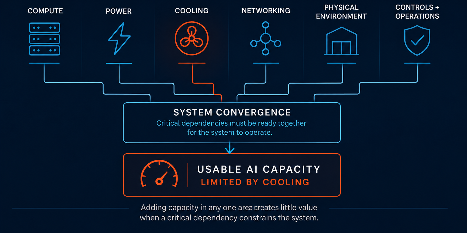 System convergence diagram showing compute, power, cooling, networking, physical environment, and controls and operations combining into usable AI capacity, with cooling as the limiting dependency.