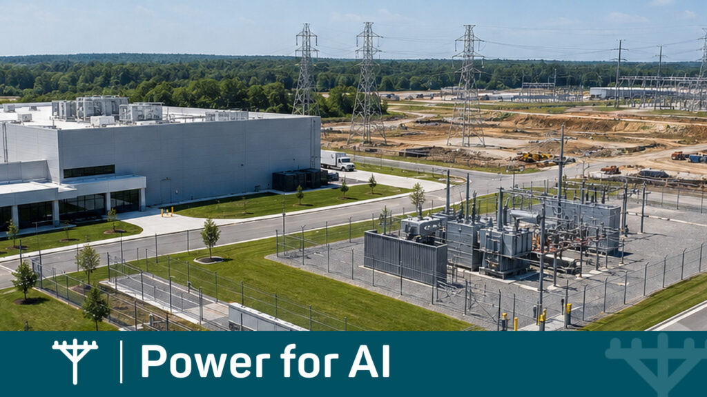 Data center campus with existing utility infrastructure and additional electrical infrastructure under development.