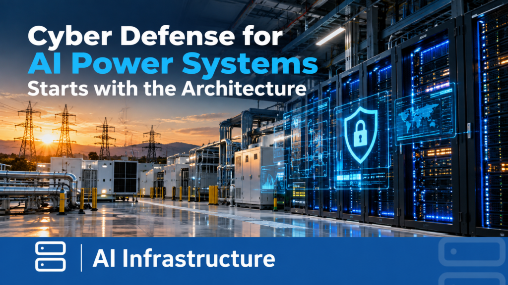 Cyber defense integrated into AI power systems architecture, with data center infrastructure and cybersecurity controls.