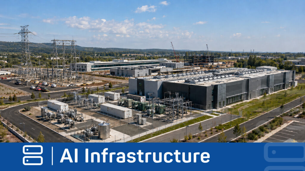 Data center campus showing compute buildings, electrical infrastructure and site systems, representing compute, power and construction moving on different timelines.
