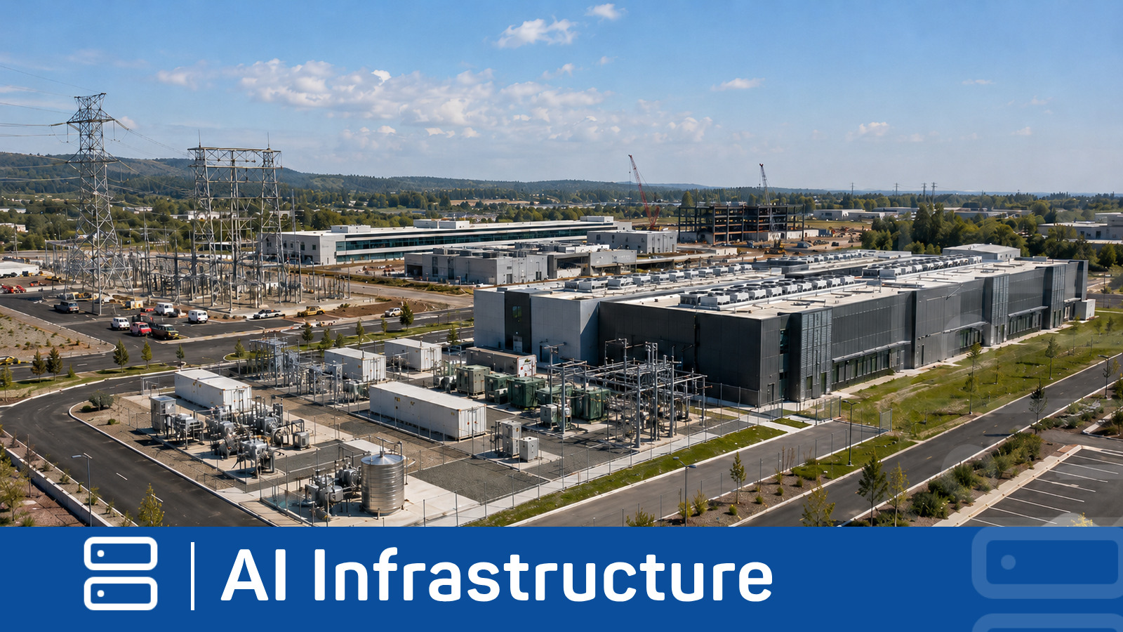 Data center campus showing compute buildings, electrical infrastructure and site systems, representing compute, power and construction moving on different timelines.
