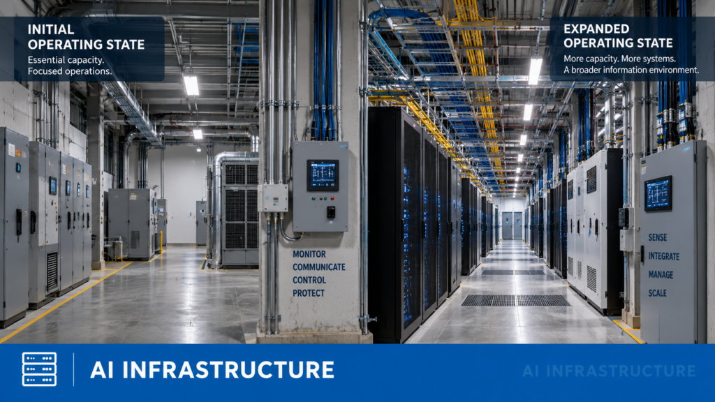 Expanding AI data center infrastructure with power, compute, communications, and monitoring equipment extending together through successive operating areas.