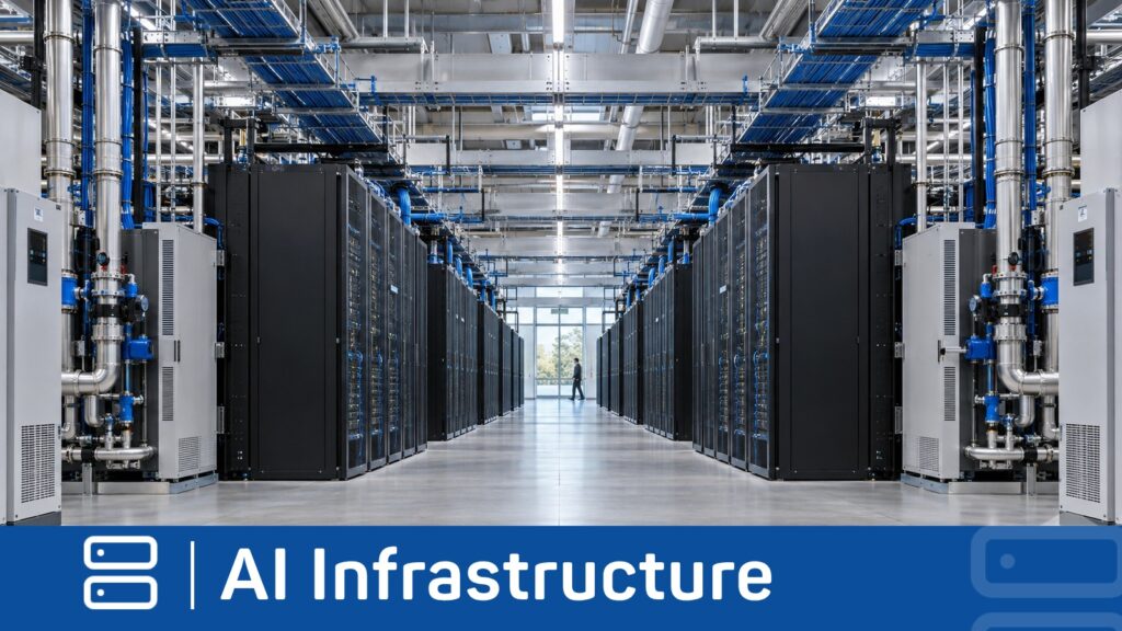 High-density AI data hall integrating server racks, electrical distribution, cooling equipment, and communications pathways.
