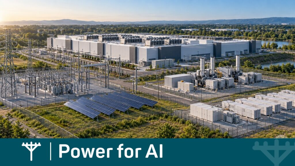 Data center campus with utility transmission, onsite generation, solar panels, and battery storage supporting multiple power paths.