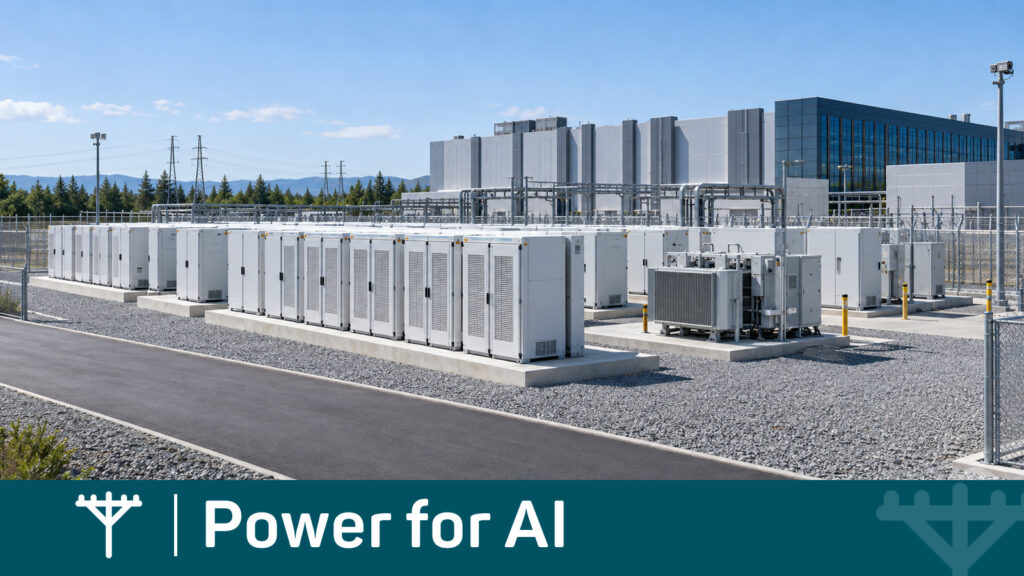 Battery energy-storage cabinets and power-conversion equipment beside a high-density data center, with access lane and secure fencing.
