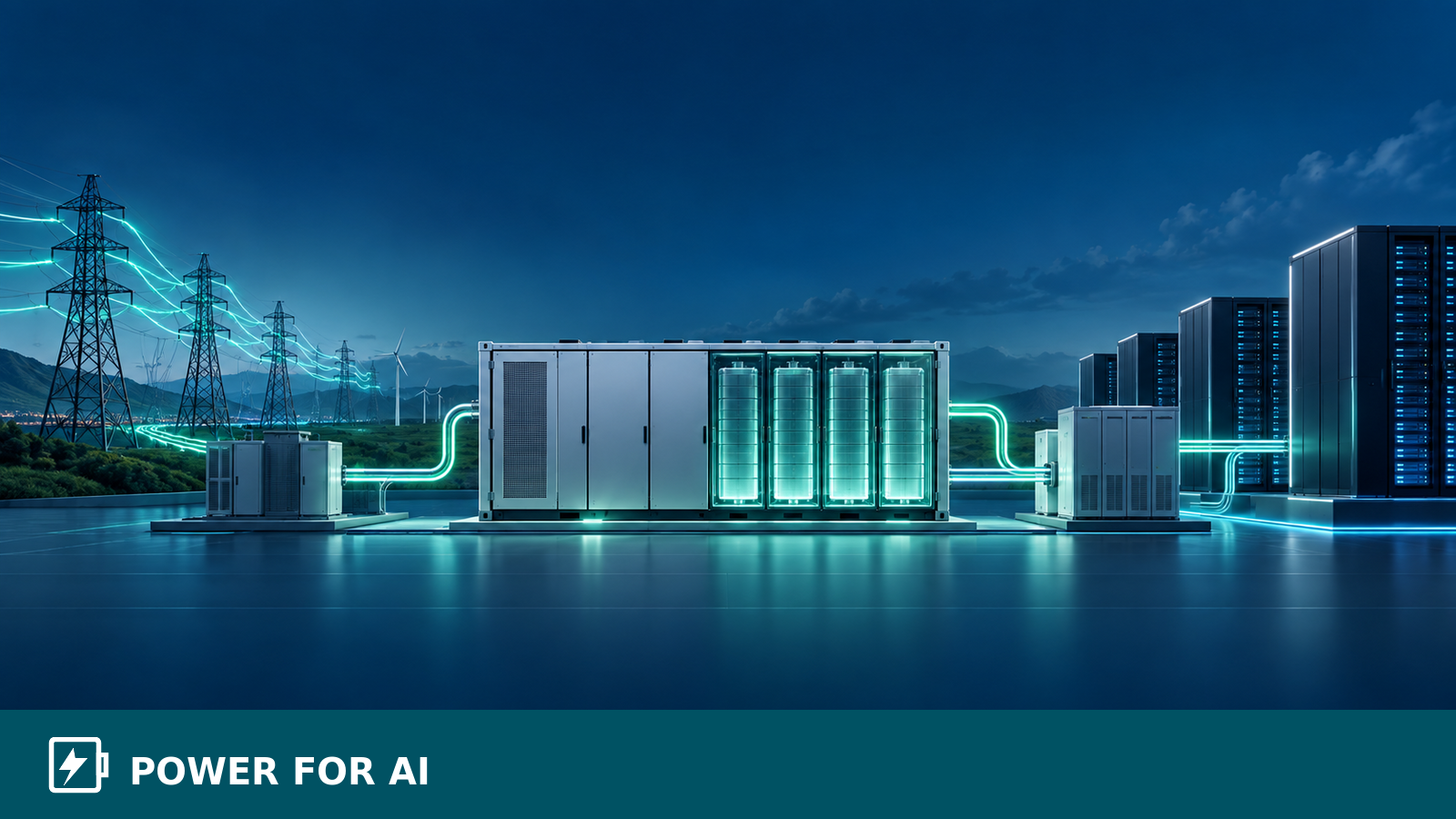 Conceptual illustration of energy storage linking utility power, power-conditioning equipment, and AI compute infrastructure.