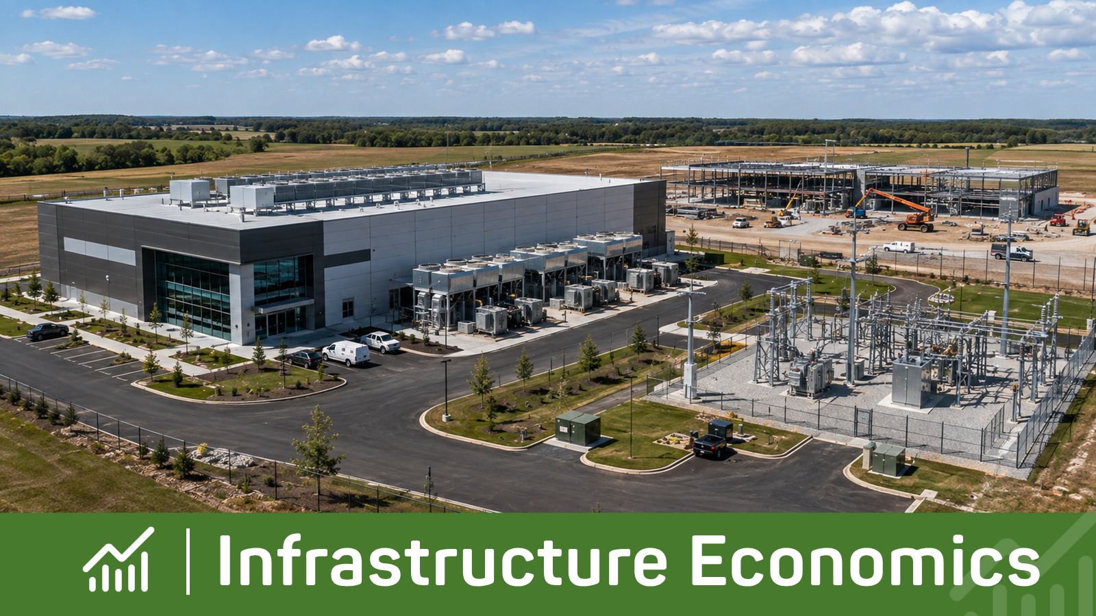 Operating data center campus with an adjacent expansion phase under construction and additional space prepared for future capacity.