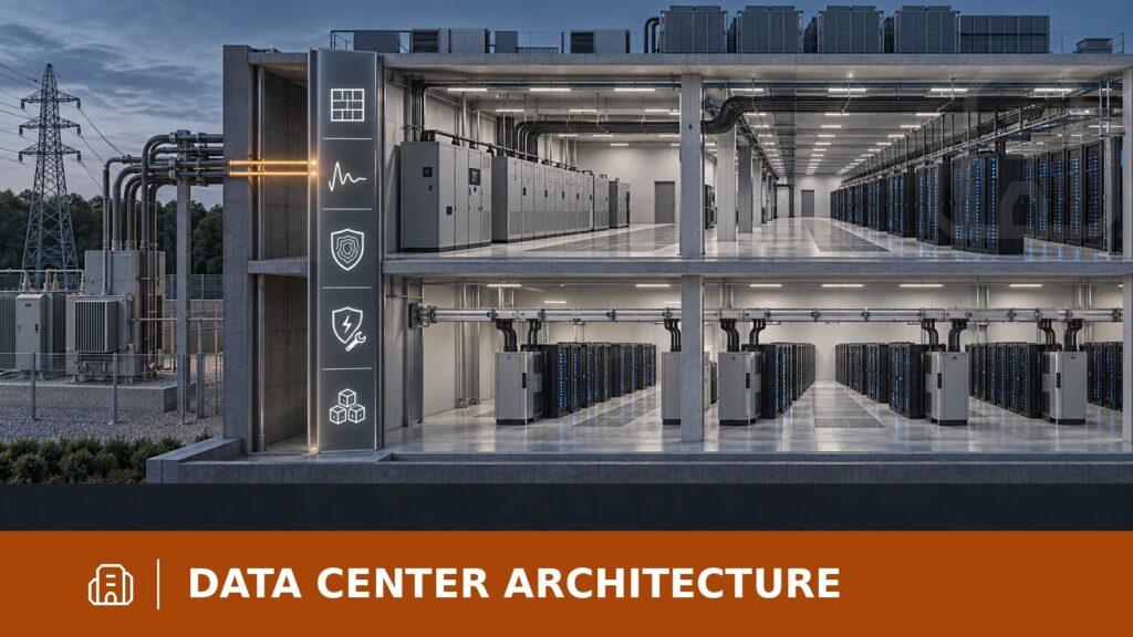 Cutaway illustration of source-side power passing through a five-factor decision plane to centralized and rack-adjacent power architectures serving AI racks.