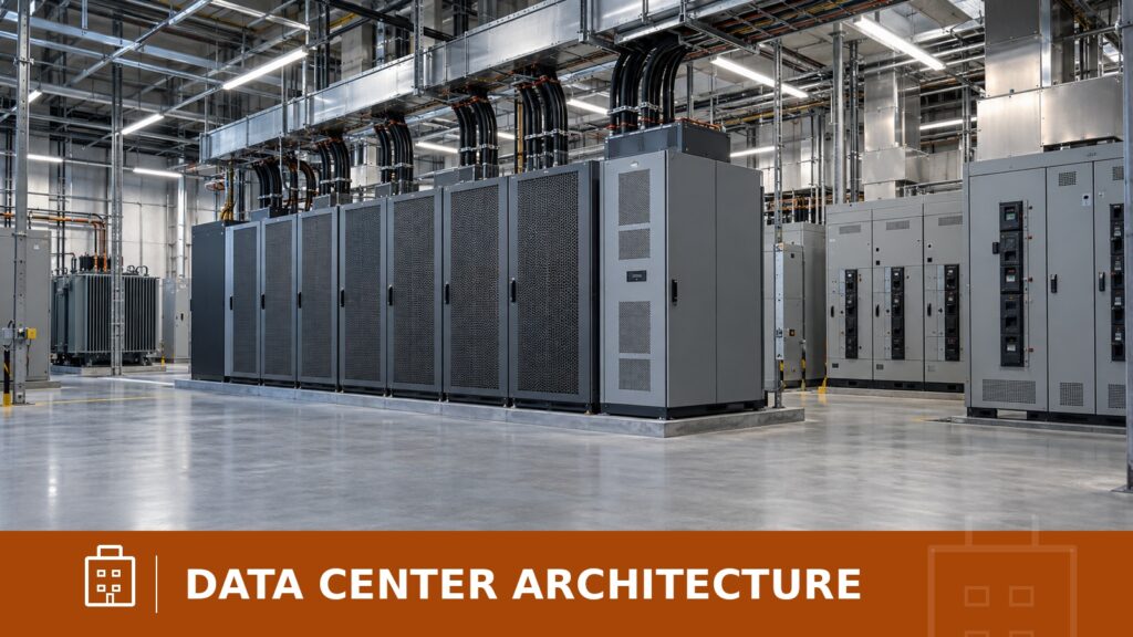 Power-conversion cabinets and electrical distribution equipment arranged inside a modern data center power room.