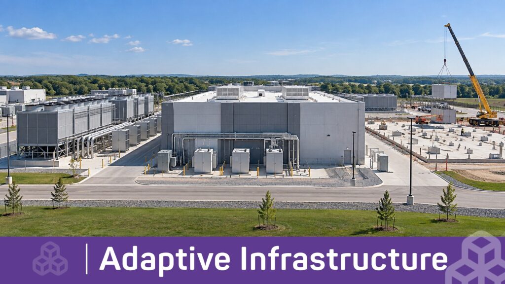 Operating data center with completed cooling and power modules beside a prepared expansion bay where another module is being installed.