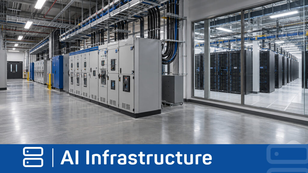 High-density data center electrical room with switchgear, power-conversion equipment, overhead cable trays, and compute racks.
