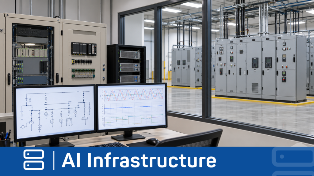 Illustrative electrical simulation laboratory with monitoring workstations and test cabinets separated by glass from power-system switchgear.
