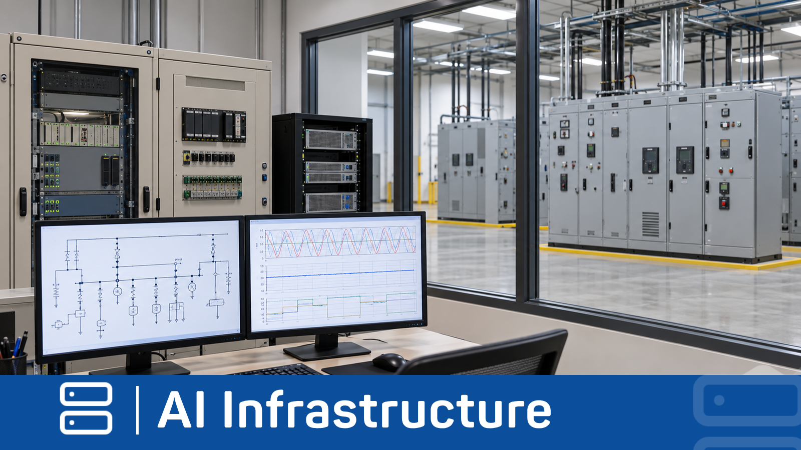Illustrative electrical simulation laboratory with monitoring workstations and test cabinets separated by glass from power-system switchgear.