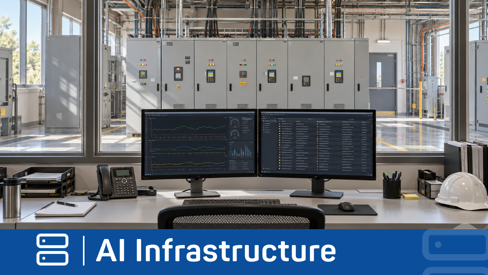 Operations workstation with trend and event-log displays facing closed electrical control cabinets.