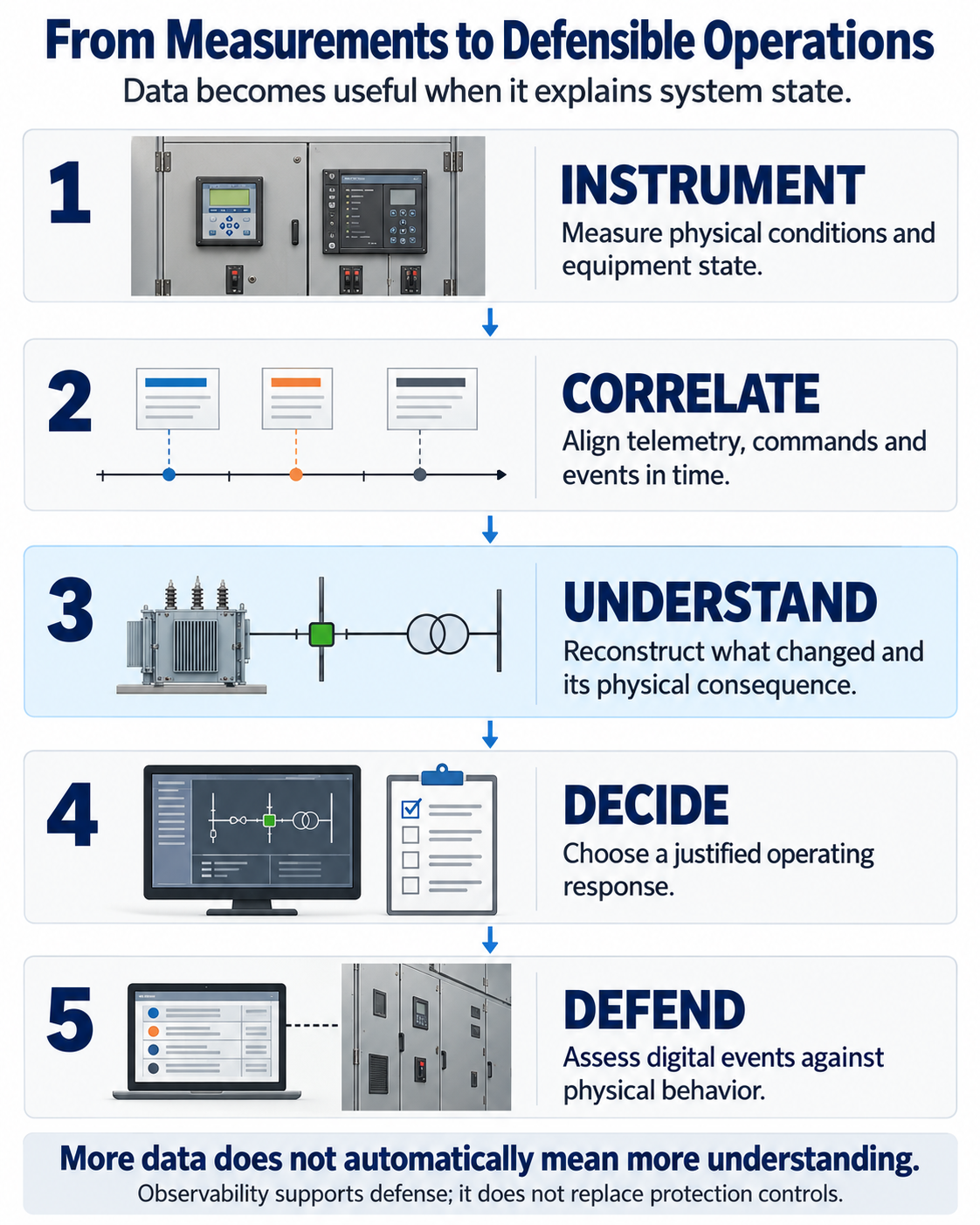 Five stages connect measurements to defensible power operations: instrument, correlate, understand, decide and defend. Observability supports defense but does not replace protection controls.