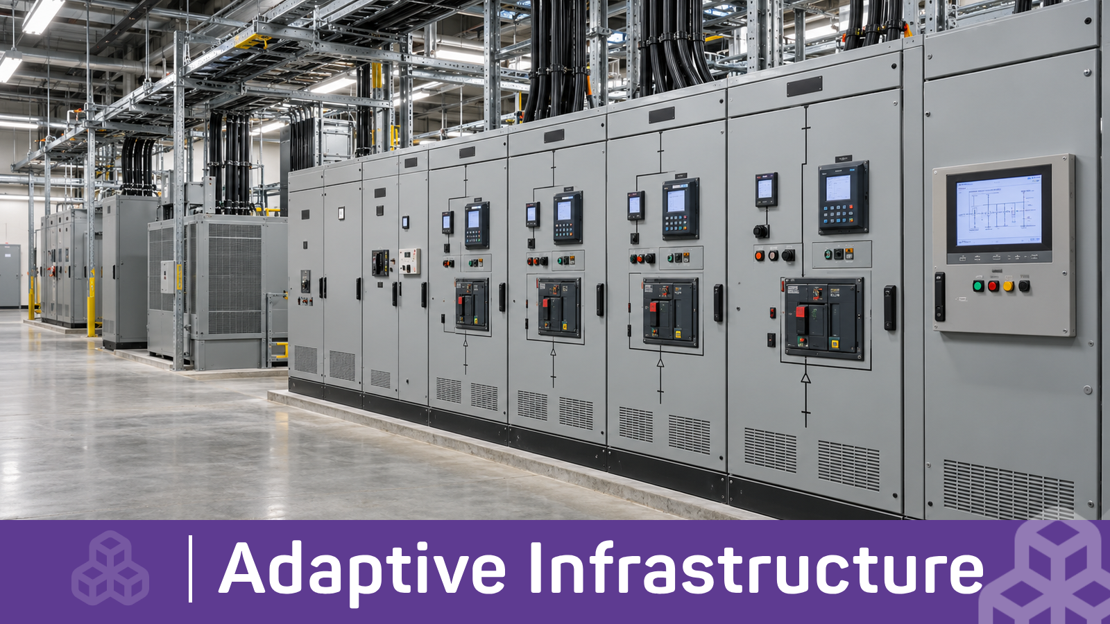 Electrical switchgear with protection relays, meters and an operator display in a data center power room.