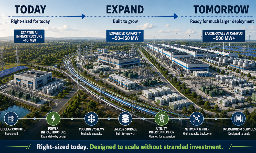 Adaptive infrastructure evolution diagram showing an initial deployment expanding through later phases while preserving existing infrastructure and connection paths.